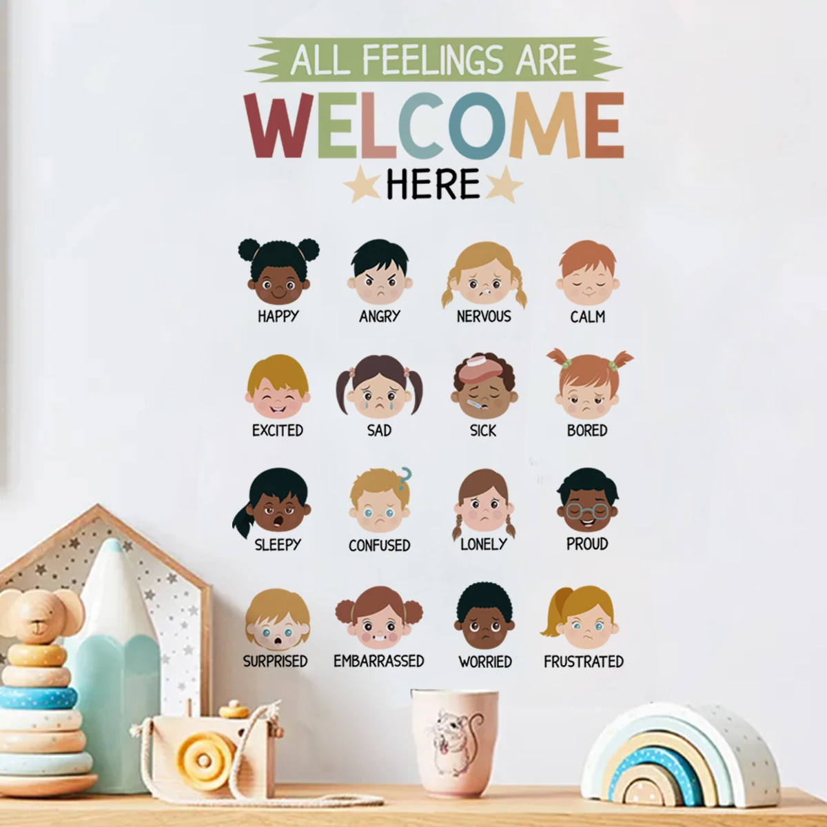 

Cartoon Emotions Chart Watercolor Wall Sticker Child Room Wall Art Decal Kids Room School Classroom PVC Vinyl Bedroom Home Decor
