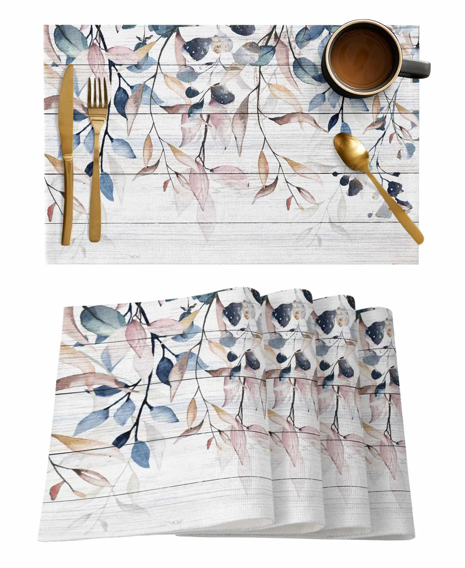 Plant Blue Leaves Table Runners For Dining Room Tablecloth 4/6 Pcs Placemats Table Cover