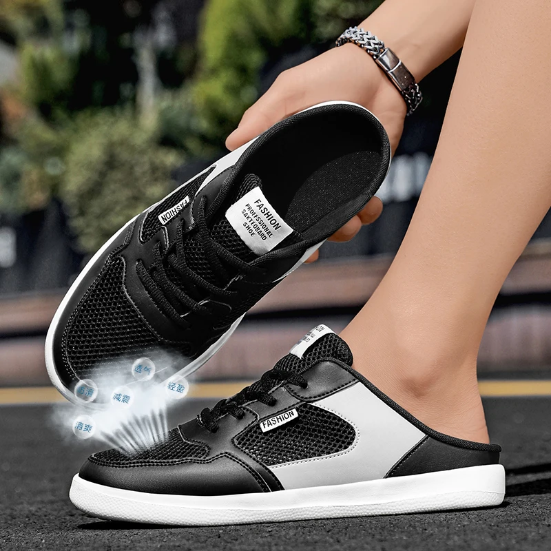 Large Size 47 Half Shoes For Men Mules Mesh Flats Backless Semi-Drag Loafers Slippers Man Slides Closed-Toe Sandals Casual Shoes