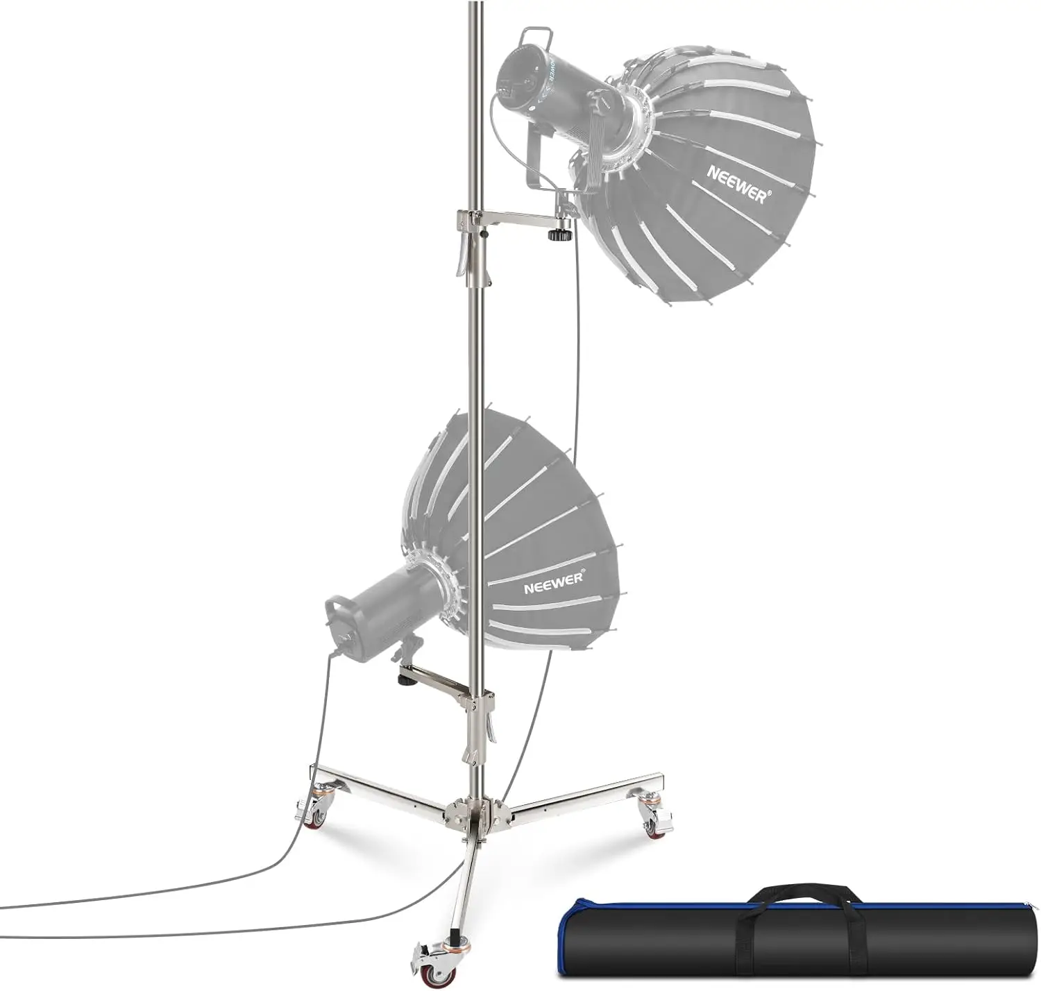 

6.5ft/198cm Stainless Steel Light Stand, Heavy Duty Tripod Stand with Caster Wheels, 2 Sliding Arms with Pistol Grip, Fo