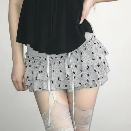 Y2K Sternenmuster Sexy Damen Sommer Grunge Emo 2000er Acubi Mini Kawaii Rüschen Niedrige Taille Koreanische Mode Rock Cutecore Alternative Kleidung – Detail 5