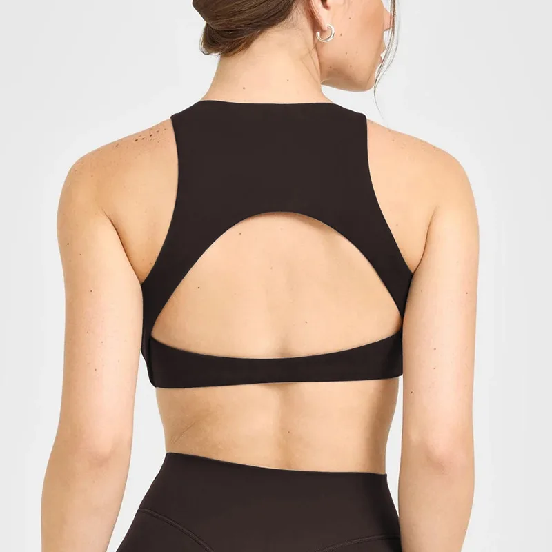 High Neck Cutout Back Padded Sports Bra Women Wirefree Crop Top Soft Nude Yoga Gym Running Pilates Athletic Active Top Vest