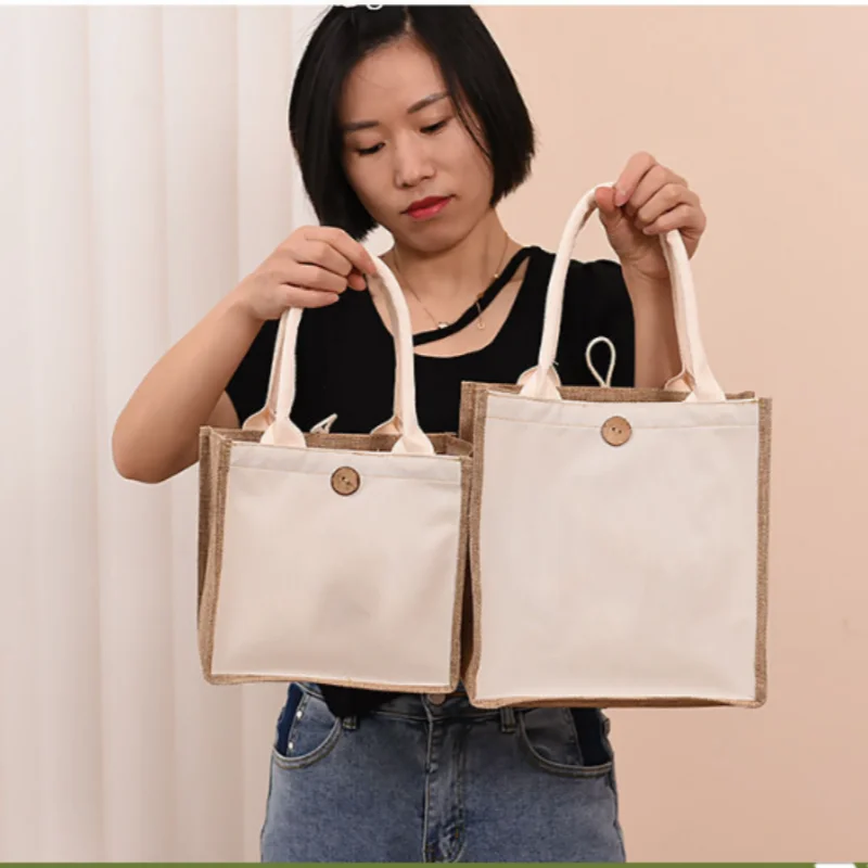 Bolsas de compras reutilizables de yute de arpillera, bolsos de gran capacidad para mujer, sacos portátiles de imitación, bolsos hechos a mano de lino