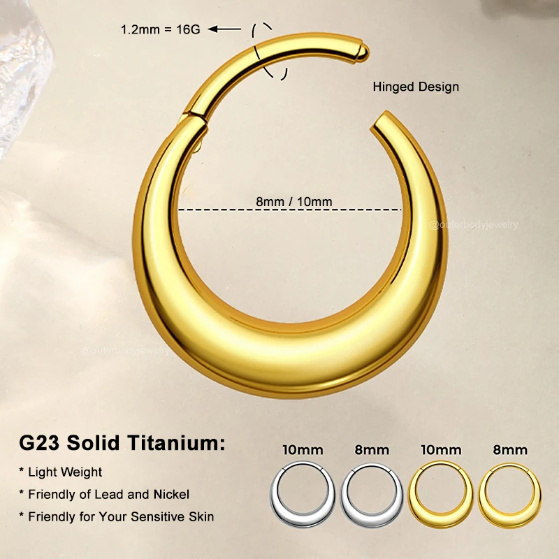 Hypoallergenic ASTM F136 Titanium Chunky Septum Ring Clicker Hoop Seamless Huggie Earring Body Piercing Jewelry, Silver/Gold