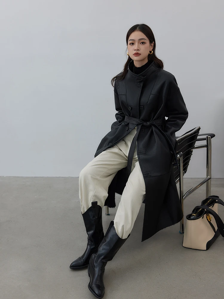 الراقية الفاخرة ميرينو الأغنام الفراء جواكت شتوية النساء بسيطة على الوجهين ارتداء تصميم الدانتيل متابعة طويلة جلد طبيعي معطف الفرو الحقيقي