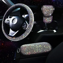 3Pcs Rhinestone Crystal Car Steering Wheel Cover Gear Shift Cover Armrest Mat Bling Auto Decortion Styling Car Accessories Set