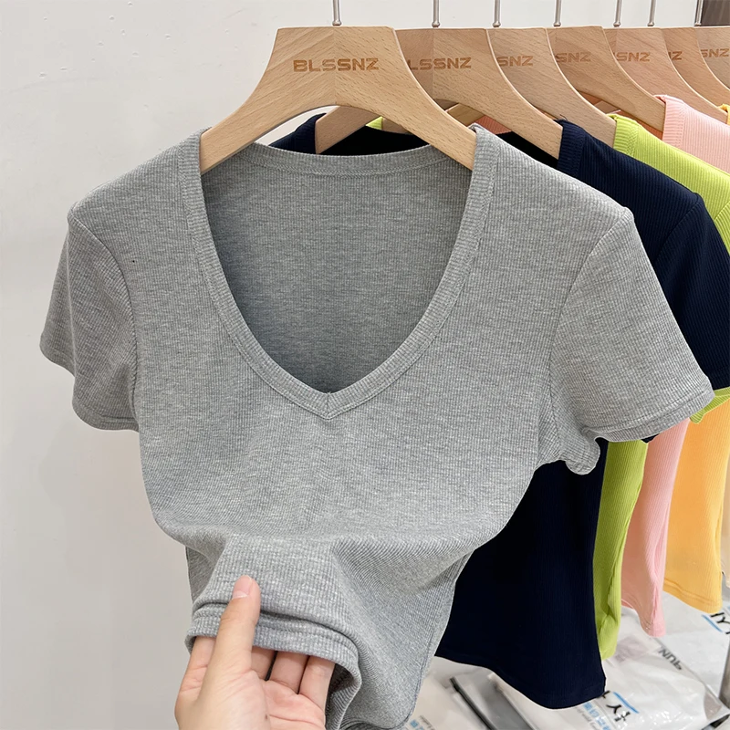 

2025 Summer Sexy Basic Crop Top Women Ribbed Short Sleeve T-shirts Casual V-Neck Solid Slim Fit Tee Female Y2K Tops Clothes