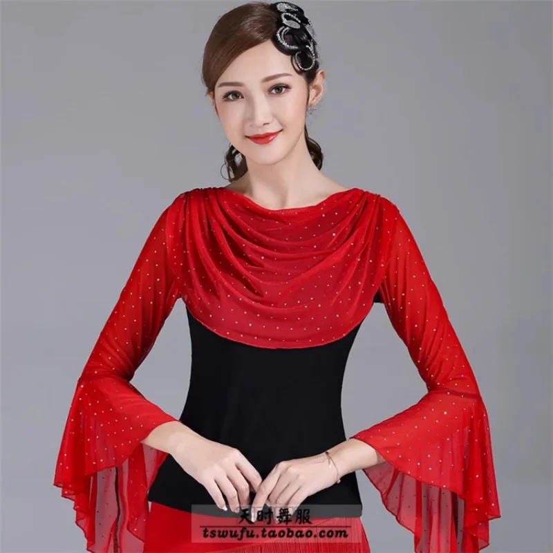 Aangepaste nieuwe zwarte en rode contrasterende pailletten Gitaba Sailor Dance Latin danskleding vierkante moderne ballroomdans top