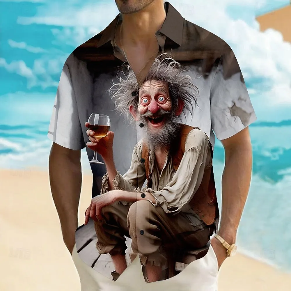 

Men's Cartoon Beer Old Man 3D Print Shirt, Short Sleeve Collar Button Up Tops, Retro Beach Casual Wear for Spring & Summer