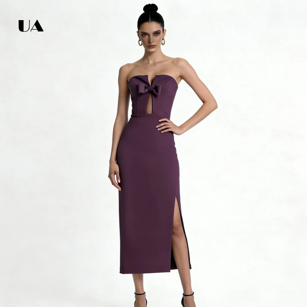 ULBYANRY Trägerloses Ballkleid mit Schleife, solide ärmellose Abendkleider mit Ausschnitten für Damen, einfaches, individuelles Partykleid mit Schlitz