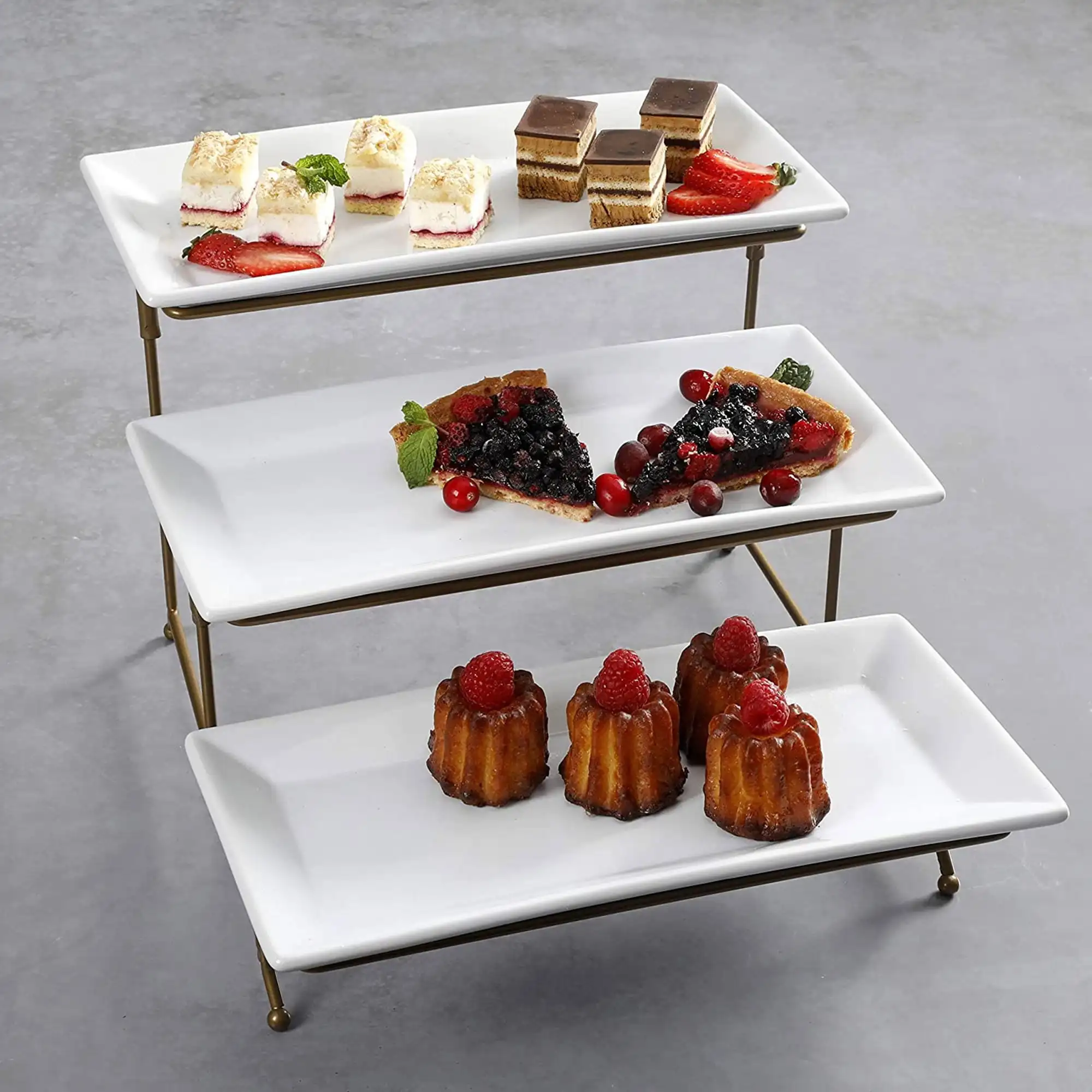 

Gold 3-Tier Rectangular Cake Stand - Elegant Serving Platter for Parties, Weddings & Events, Durable Metal Design.