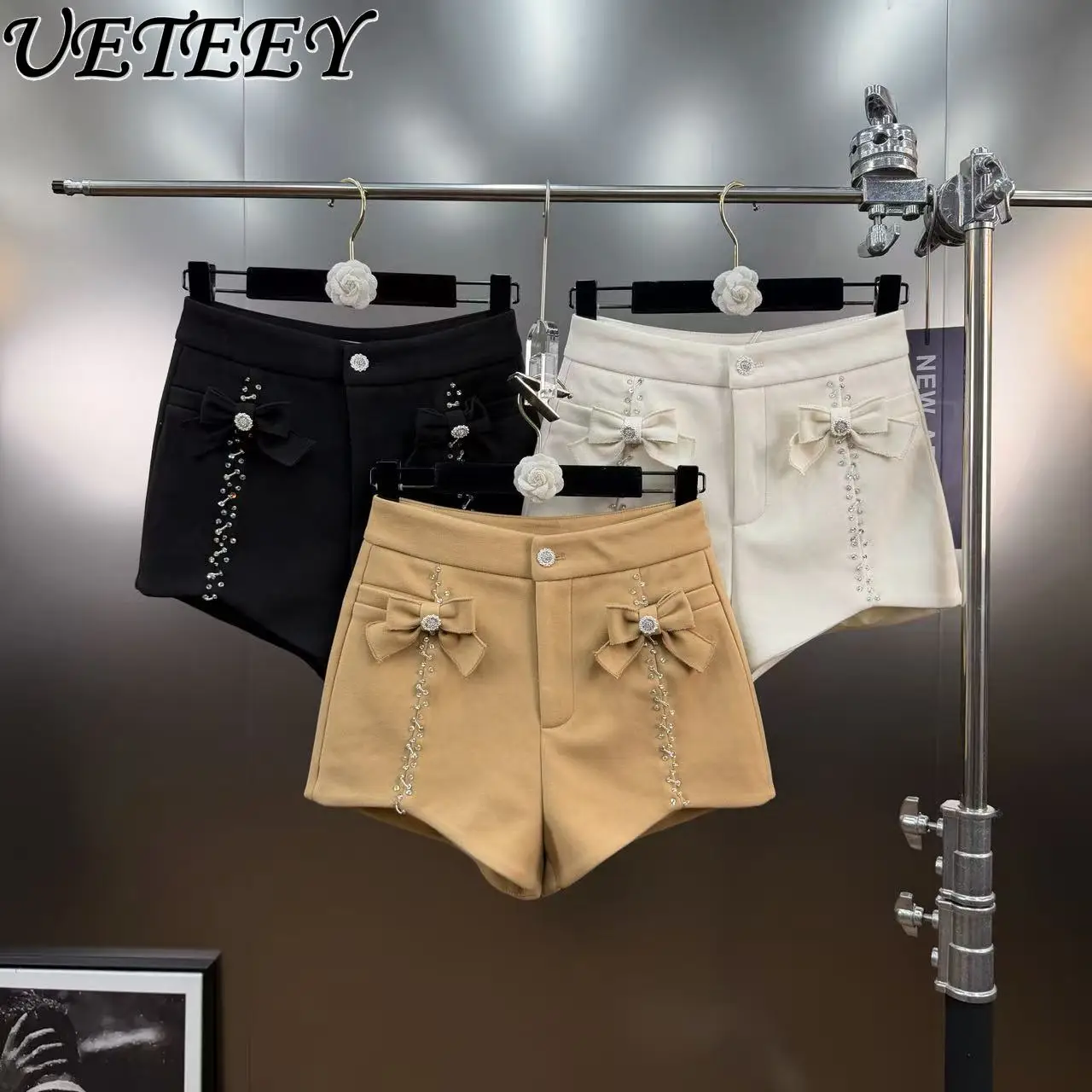 

Шорты во французском стиле с блестящими бантиками и украшением, осень-зима, новые облегающие утягивающие универсальные утолщенные короткие брюки