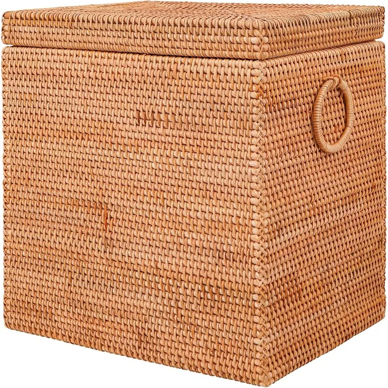 Rattan Laundry Hamper With Lid, 65L Rattan Laundry Basket With Removable Liner Bag, Rectangle Wicker Large Hampers For Laundry