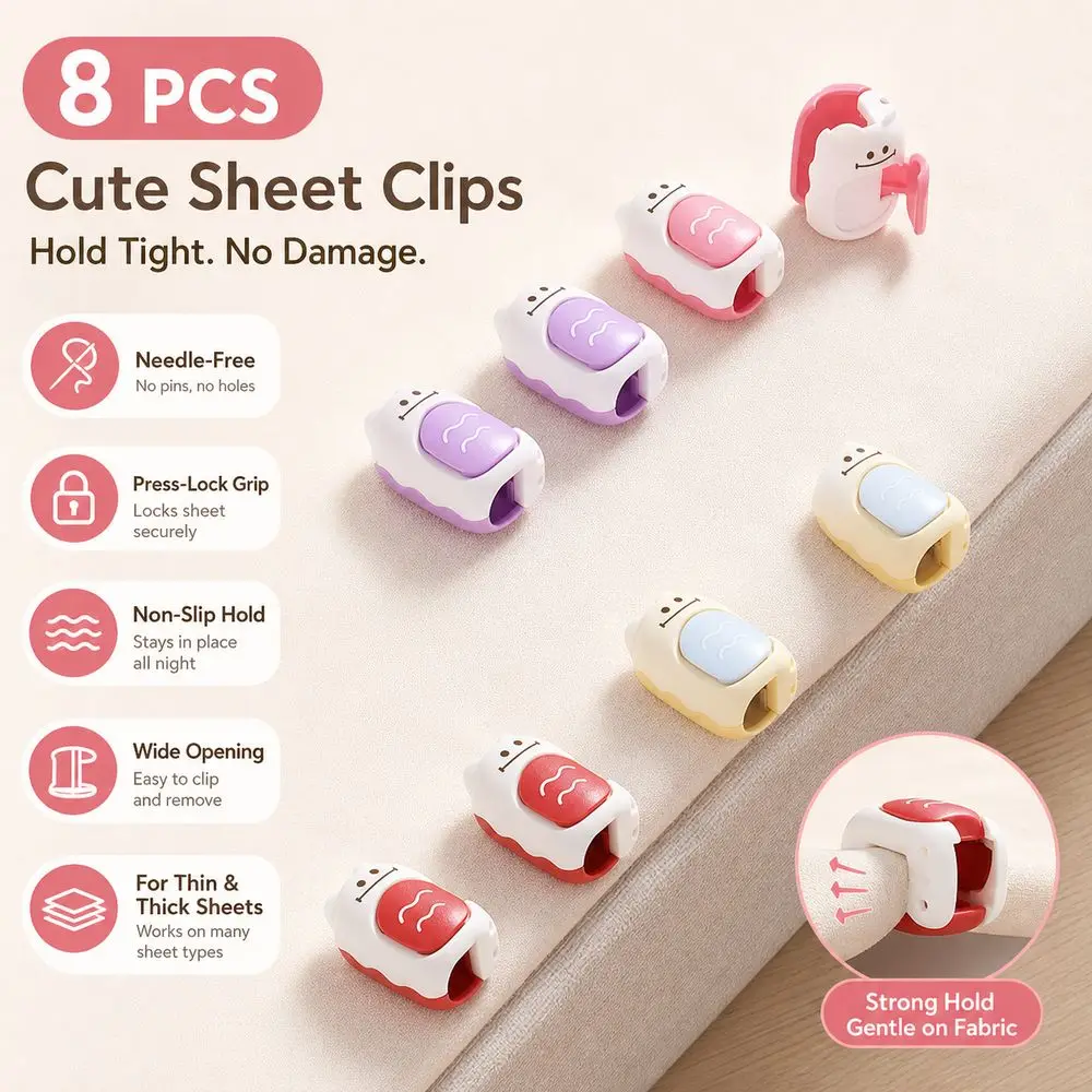 8Pcs Cute Cartoon Bed Sheet Fastener Clips Non-Slip Needle-Free Bedding Grippers Press Lock Mattress Sheet Holders
