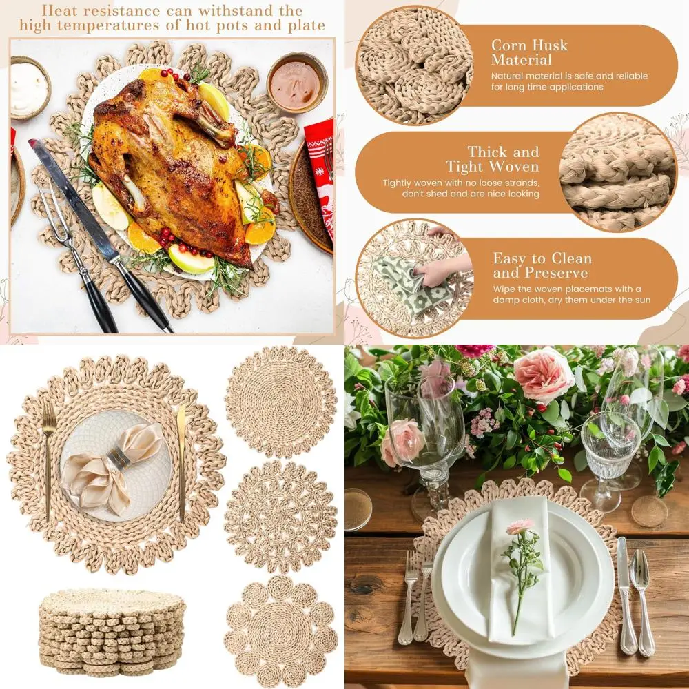 

10 Pack Large 15 Bohemian Woven Rattan Placemats - Natural Wicker Table Mats for Rustic Farmhouse Dining, Perfect for Home, Wedd