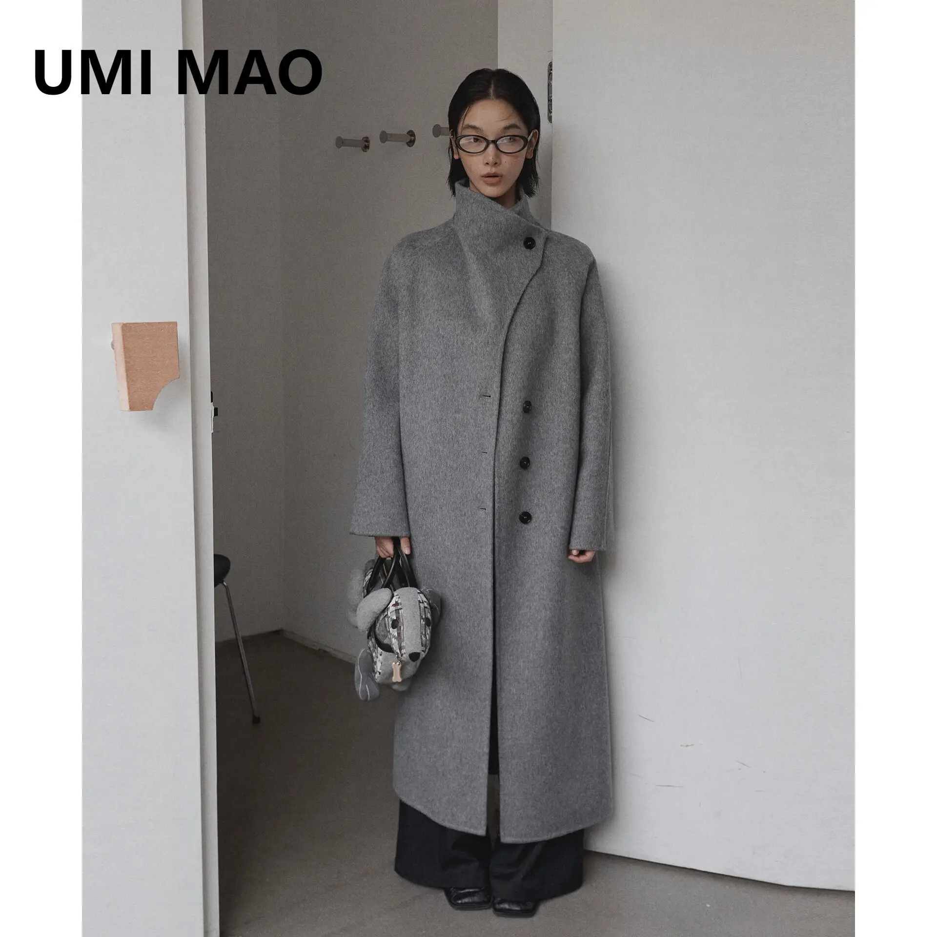 UMI MAO Premium Gray 100% Wool Coat Women's Winter Jacket Slim Fit Woolen Coat Women Female Overcoat Y2K