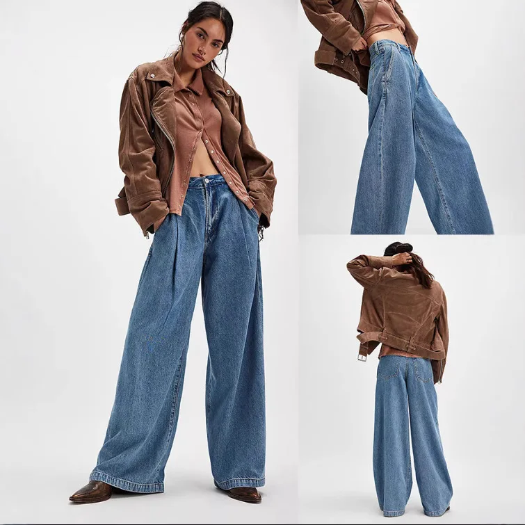 

Women's Wide Leg Jeans Vintage Chic Washed Denim Trousers Autumn New Y2K Aesthetic Baggy Straight Jeans Outdoor High Waist Pants