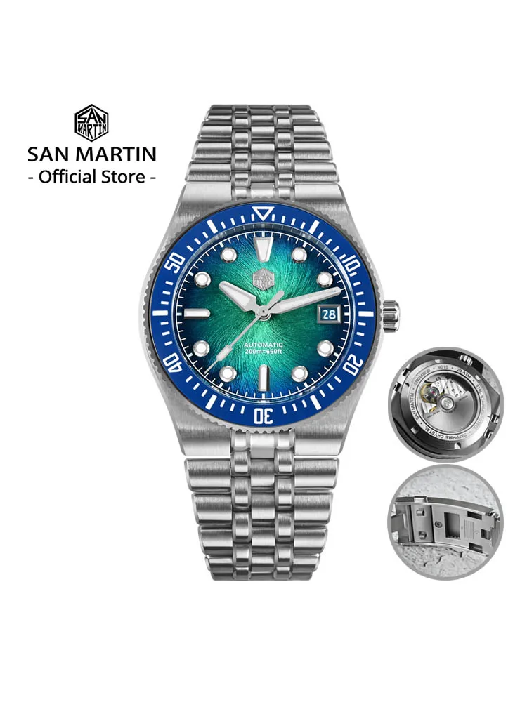 San martin 40mm esmalte espiral dial pulseira integrada masculino mergulhador relógio miyota 9015 automático mecânico à prova d200água 200m sn0148
