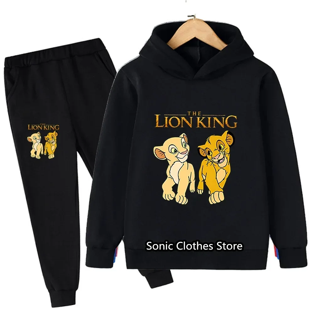 Disney Cartoon Animals Graphic Simba Kids Clothes Cotton Suit Girls Cartoon Lion King Hoodies Pants 2Pcs Casual Boys Girls Sets