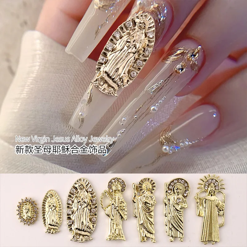 10PCS 3D Metallic Holy Mother Jesus Relief Sparkle Diamonds Inlaid Gold Alloy Nail Art Rhinestones Decorations Manicure Charms