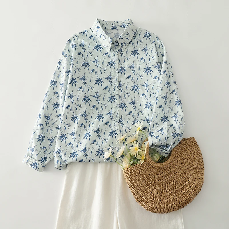 

Женская рубашка из чистого хлопка с бамбуковым принтом, длинный рукав, весенняя мода, корейский стиль, свободный крой, дышащая, удобная, повседневная