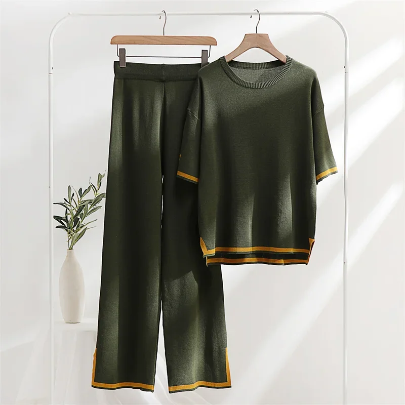 Two Piece Set Elegant Pants Sets Ice Knitted Summer Outfits for Women 2024 Short Sleeve Pajama Suit