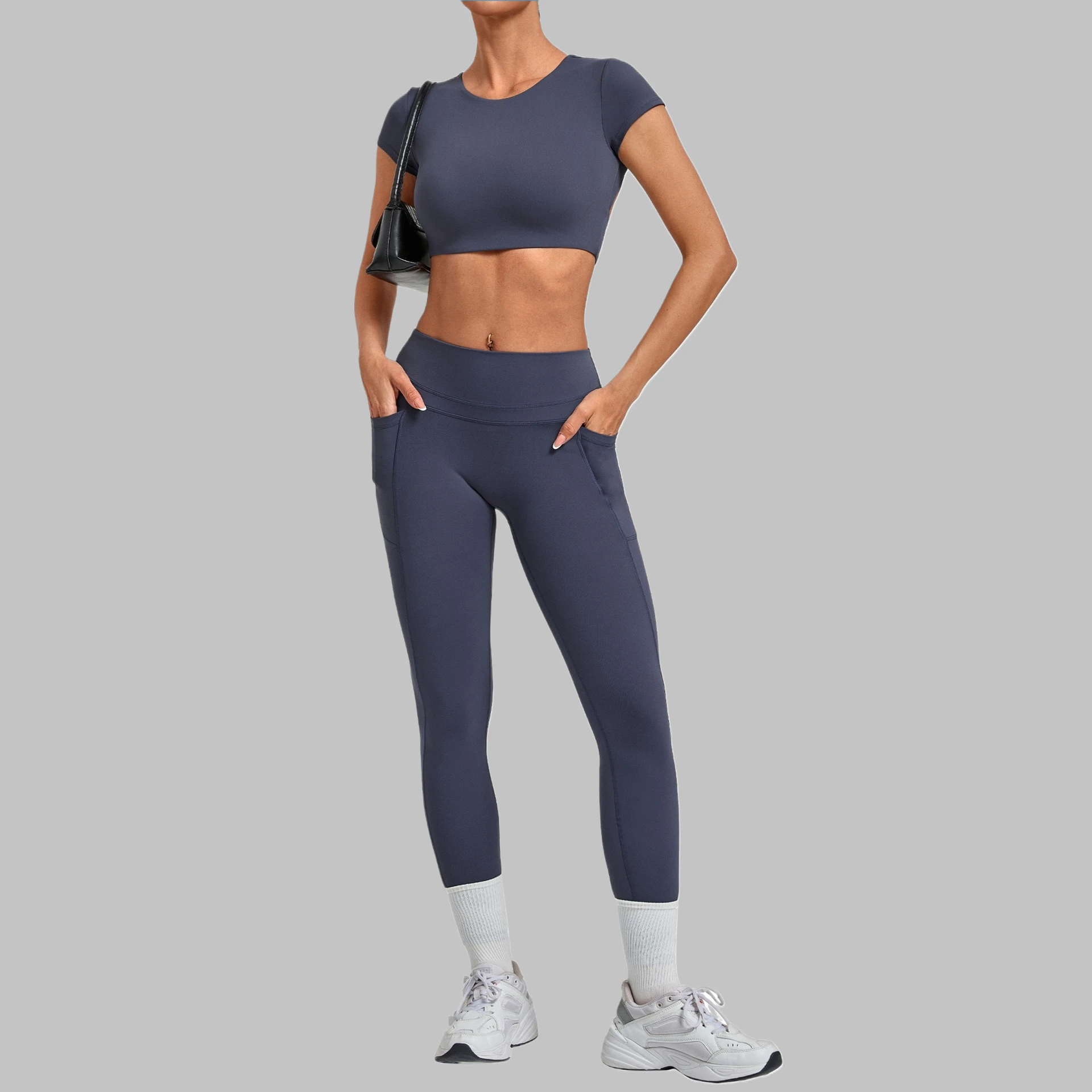 Women's Gym Workout Sets Bra-free Short-sleeve Open Back T-shirt+Side-pocketed Butt-lifting Pants Yoga Set Outdoor Fitness suits