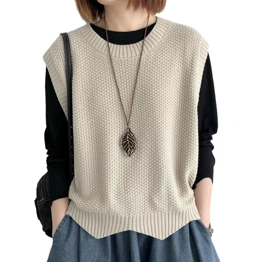 Women Knitted Vest Autumn Winter O Neck Wavy Hem Sleeveless Top Warm Soft Loose Casual Female Ladies Waistcoat Knitwear