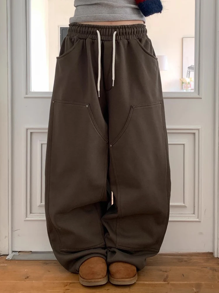 

American Sle High Waist Wide Leg Casual Pants for Women Spring New Sle ket Rivet Sweatpants Comfortable Loose Fit Trou...