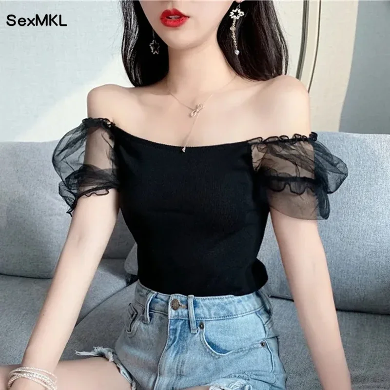 

Women Puff Sleeve Tops Summer 2024 Korean Fashion Lace Patchwork White Black Blusas Femininas Off Shoulder Corset Casual Blouses