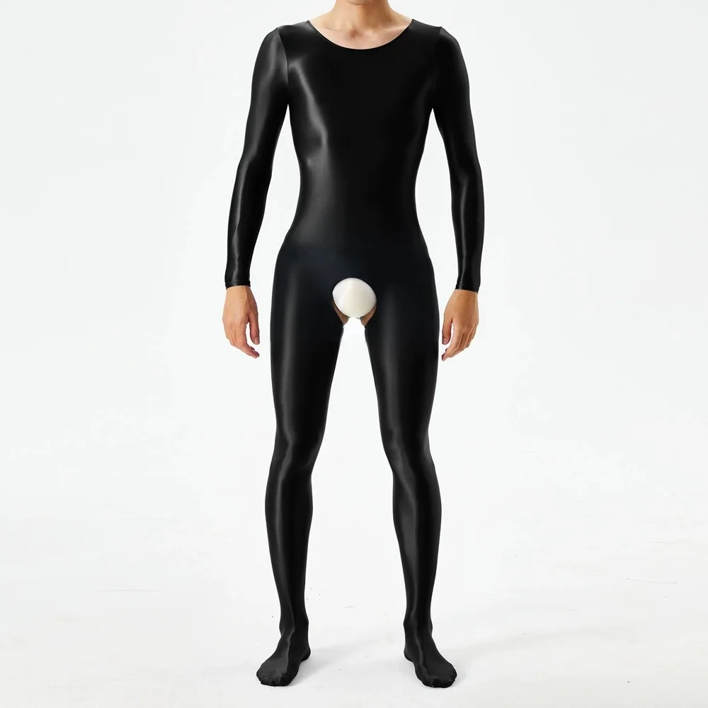 

Women's Sexy Jumpsuit Long Sleeved Open Crotch Bodysuit High Elastic Satin Smooth Crotchless Shapewear Night Exotic Tights