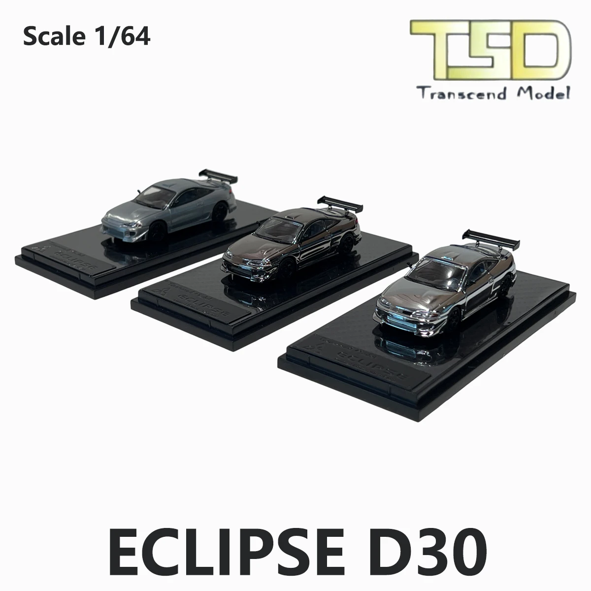 En stock – Modèle Transcend 1:64 Eclipse D30 Chrome Gun Grey/Chrome Silver/Chase Color Set – Voiture miniature JDM Sport Coupé en métal moulé sous pression