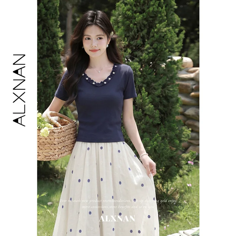 ALXNAN Blue Women's T-shirt 2026 Summer Short Sleeve V-neck Wavy Edge Floral Decorations Tees Ladies Clothing Slim-fit L67380A view 6