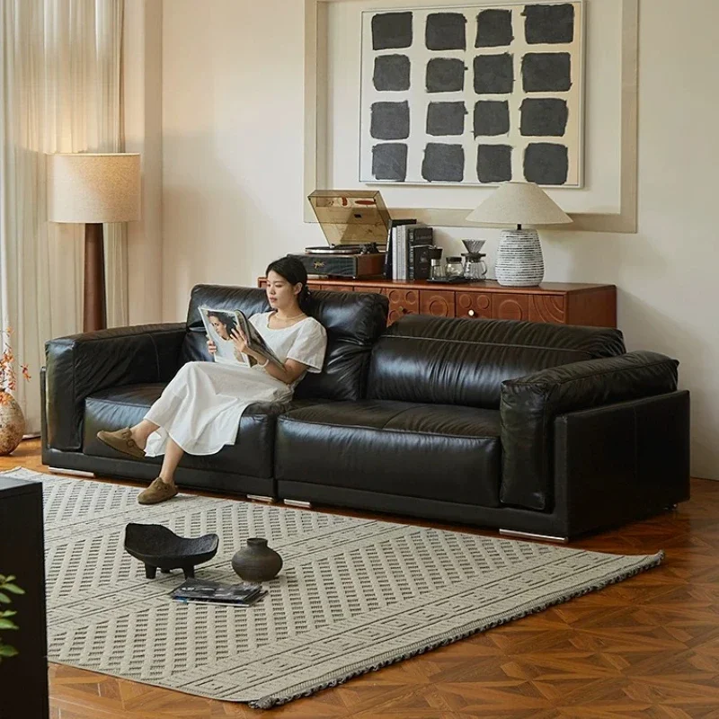Home Modern American style big black cow straight row black oil wax leather comfortable lazy sofa living room sofas and seating