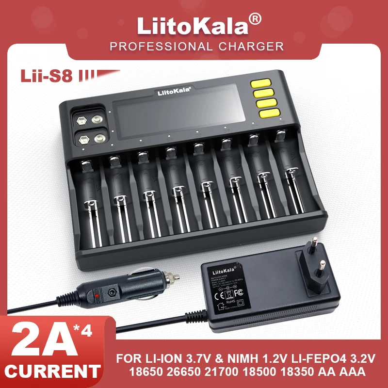 LiitoKala Lii-S8 LCD 18650 Li-ion 3.7V NiMH 1.2V Li-FePO4 3.2V IMR 3.8V For 26650 21700 26700 18350 AA AAA 9V Battery Charger