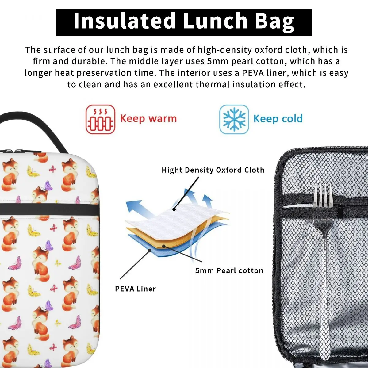 Beautiful Foxes And Butterflies Pattern Insulated Lunch Bag for Women Kids Portable Food Boxes Thermal Lunch Box Tote