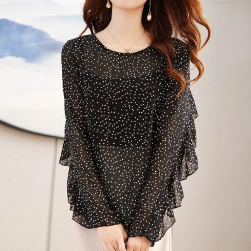 Polka Dots Black Two Piece Set T-shirt Butterfly Sleeve Round Neck Casual Top 2022 Spring Summer Fashion Top Tee for Female