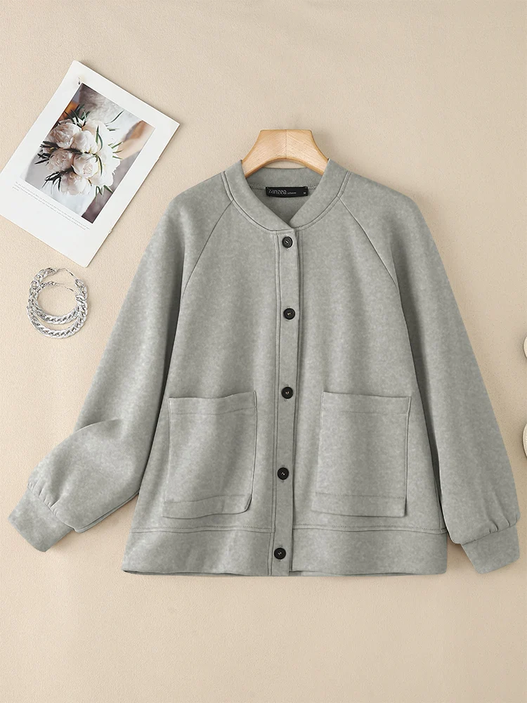 ZANZEA Women Fashion Baseball Jackets Loose Casual Button Up Patch Pockets Solid Color Coats FW 2025 Warm Woman Outerwear S-3XL