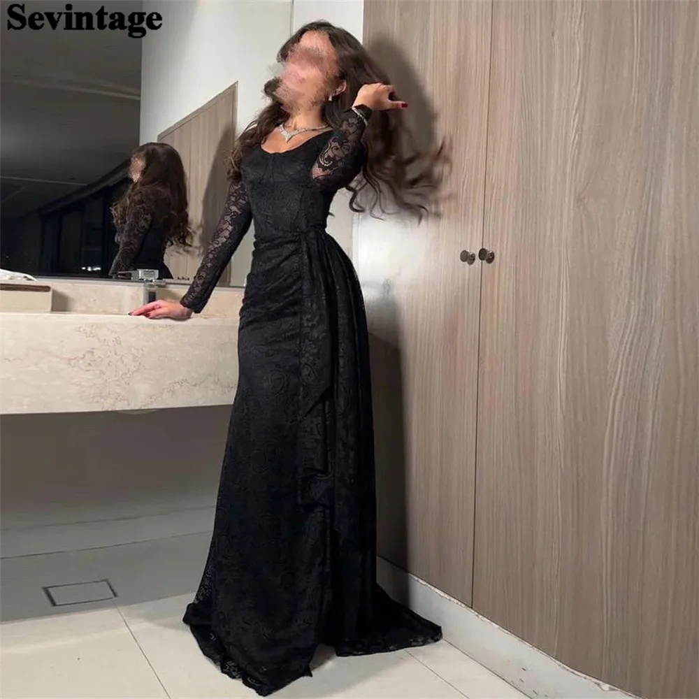 

Sevintage Vintage Black Arabia A-Line Prom Dress Scoop Neck Long Sleeves Floor Length Evening Dress فساتين للحفلات الراقصة 2024