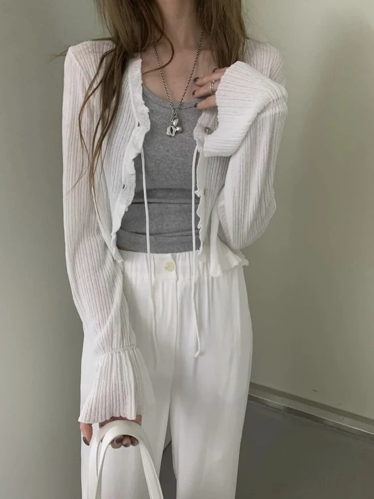 

Sweet Sli ort Sve вязаный свитер женский с одной пуговицей и бантом с манжетами солнцезащитный топ корейский Sle из чистого хлопка V-Ne