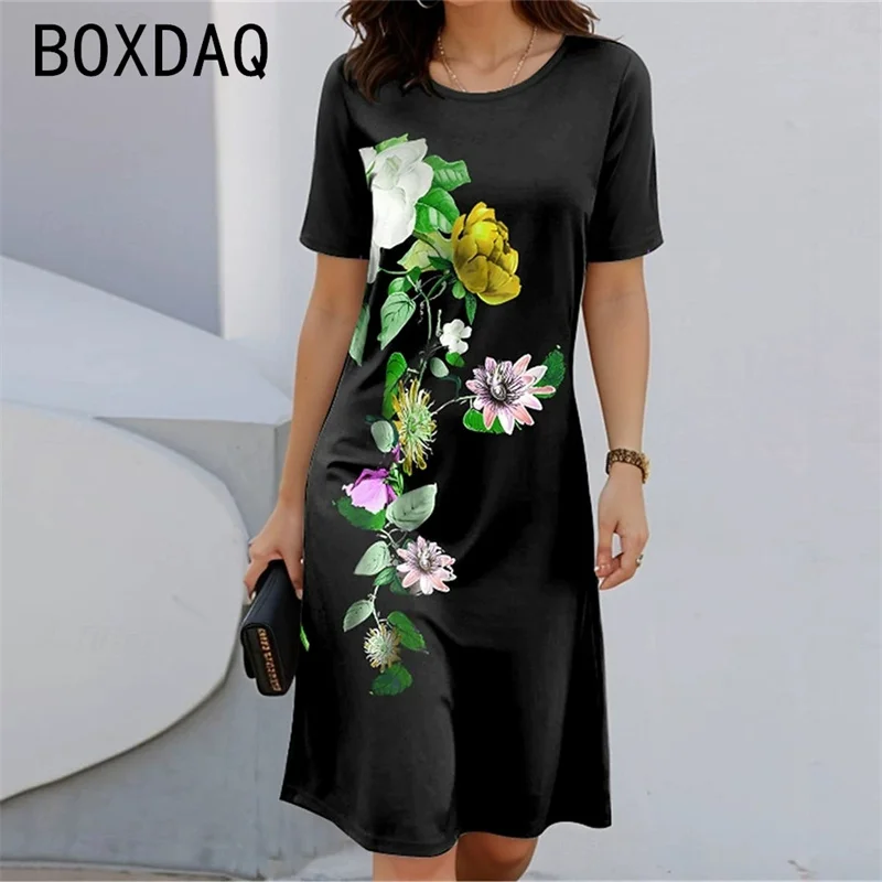Bohemian Style Short Sleeve Round Neck Floral A-Line Dress Women's Casual Midi Dress Spring Summer Fashion Sundress Vestidos
