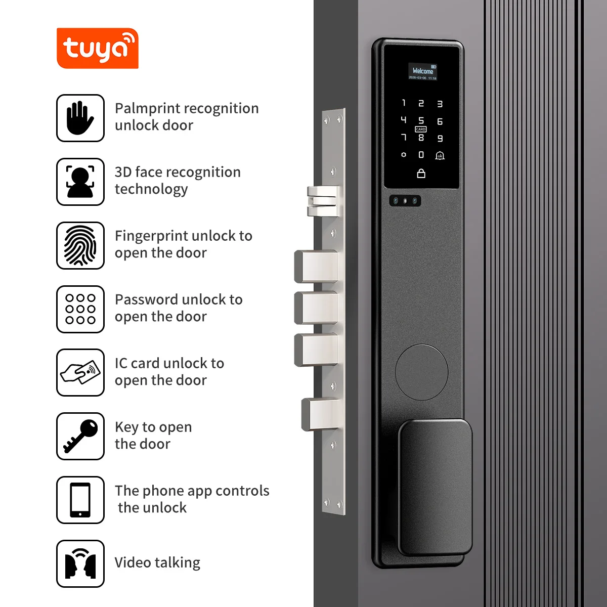 Waterproof 3D Face Recognition Palm Face Recognition Door Lock Video Talking Tuya Smart Locks with Israeli Mortise