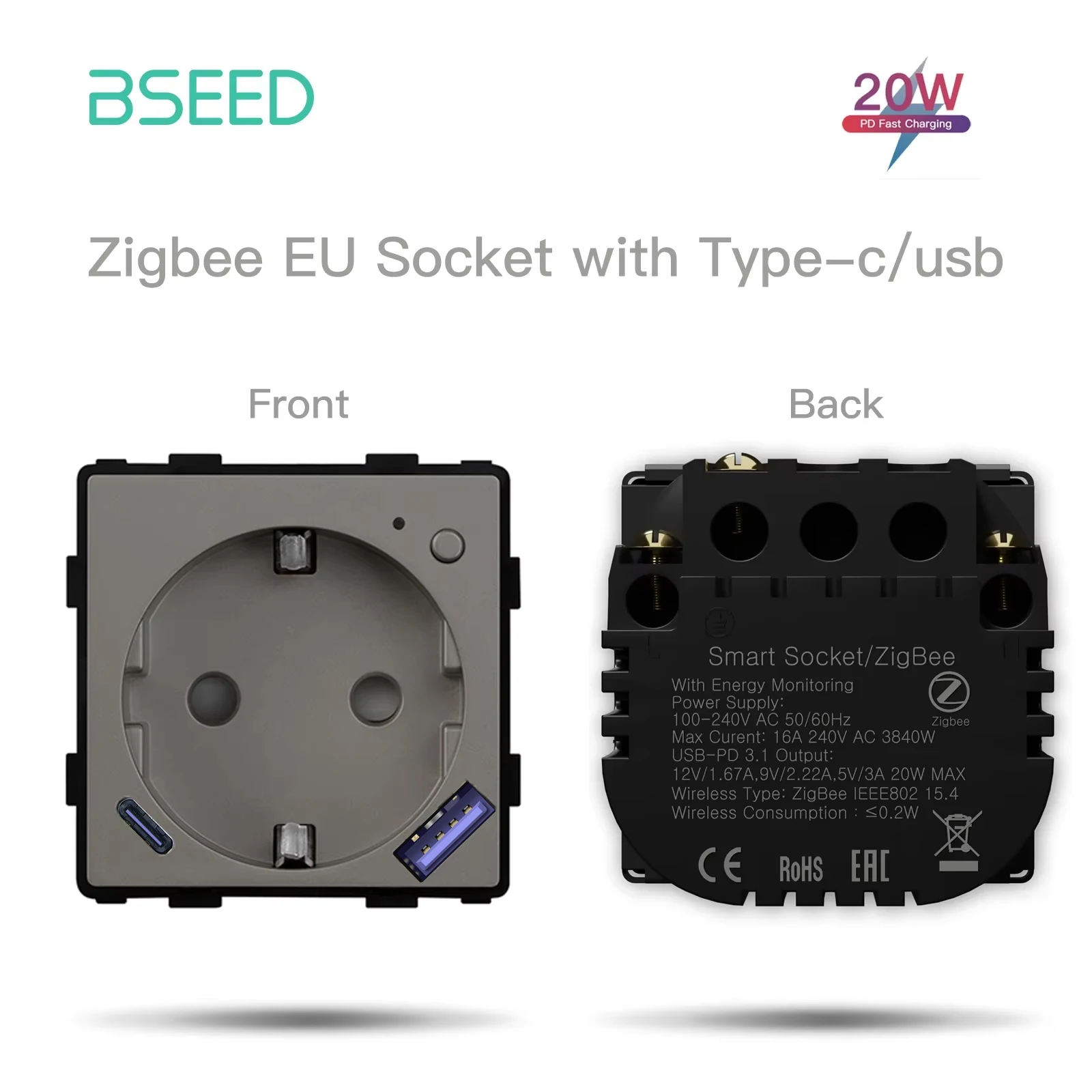 BSEED Zigbee Smart Steckdose Teil Power Monitor Steckdose Mit USB Typ-C DIY Teile 20W Schnelle Ladung tuya Smart Leben Alexa App Steuerung
