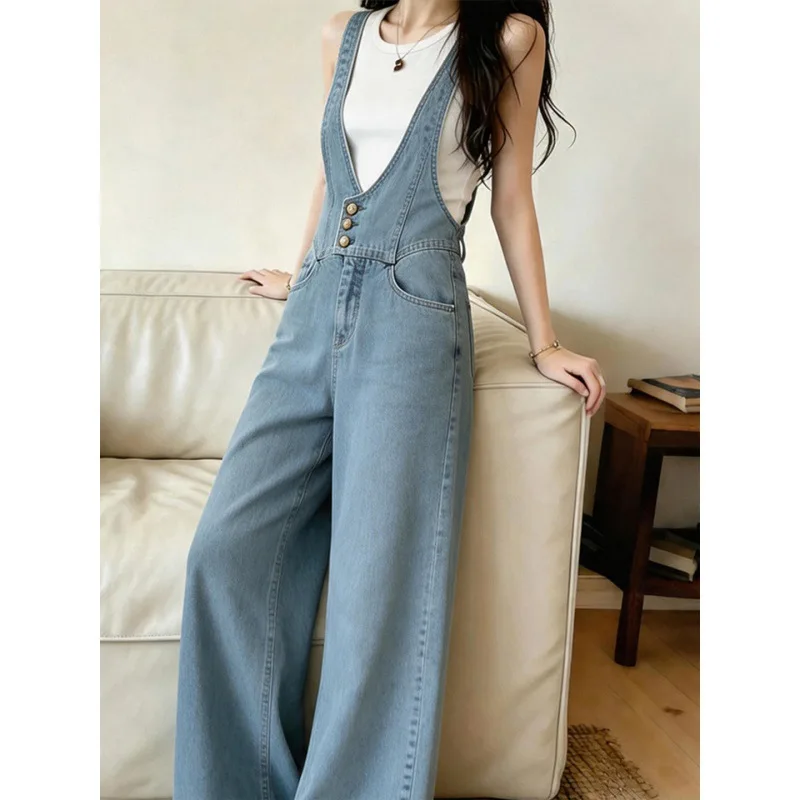 Overalls Denim Strap Pants Women Loose Versatile Button Wide Leg Pants Spring Autumn New Casual Baggy Jeans Jumpsuits