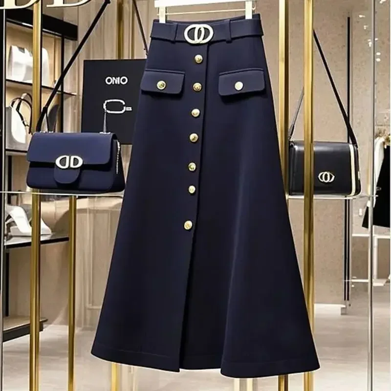New Elegant Fashion Woolen Skirt Women High Quality High Waist Single Breasted Loose A-Line Solid Color Midi Skirts Office Lady