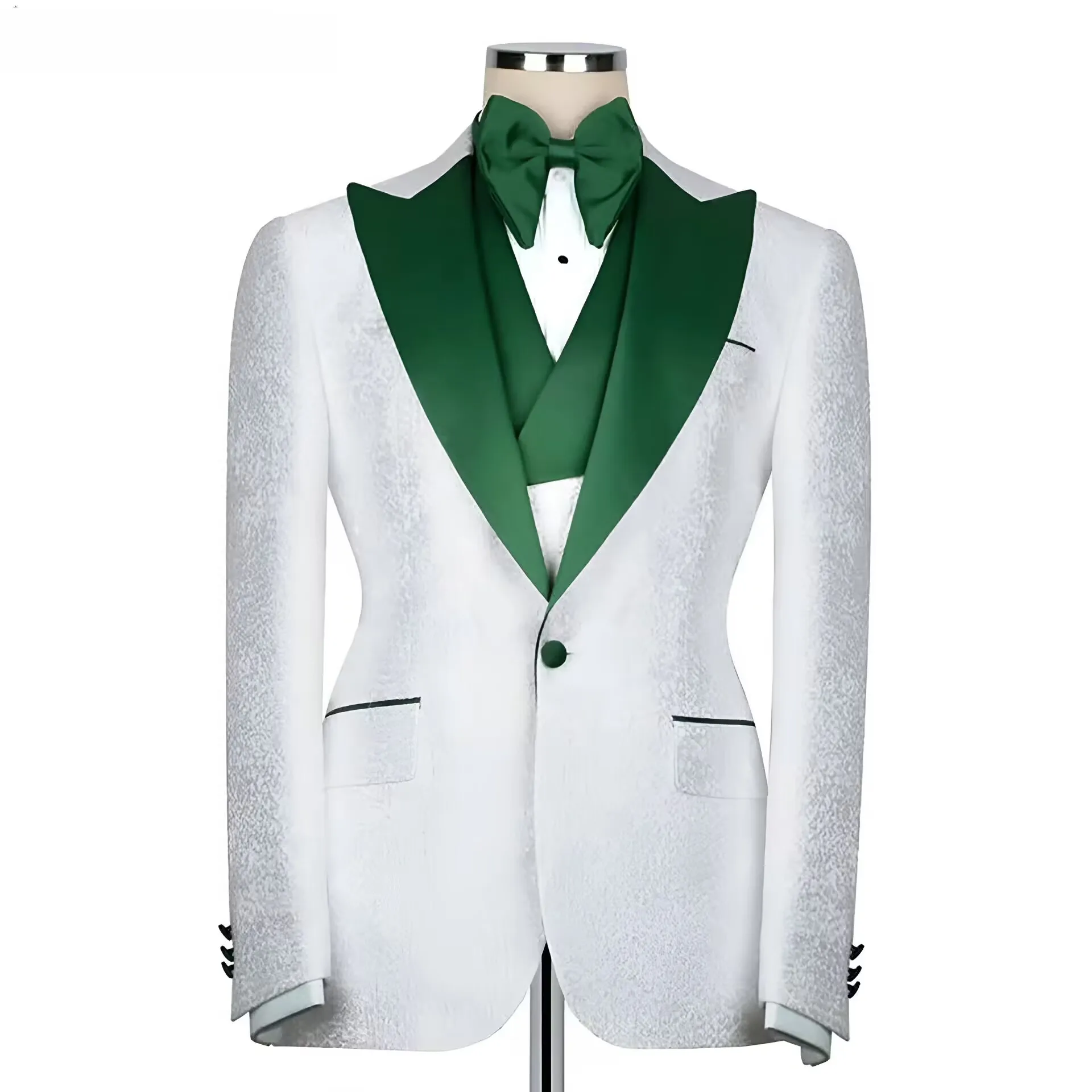 

White Jacquard Formal Men Suit greens Collar Three Pieces Evening Party Blazer Groom Wear ( Jacket+Vest+Pants )