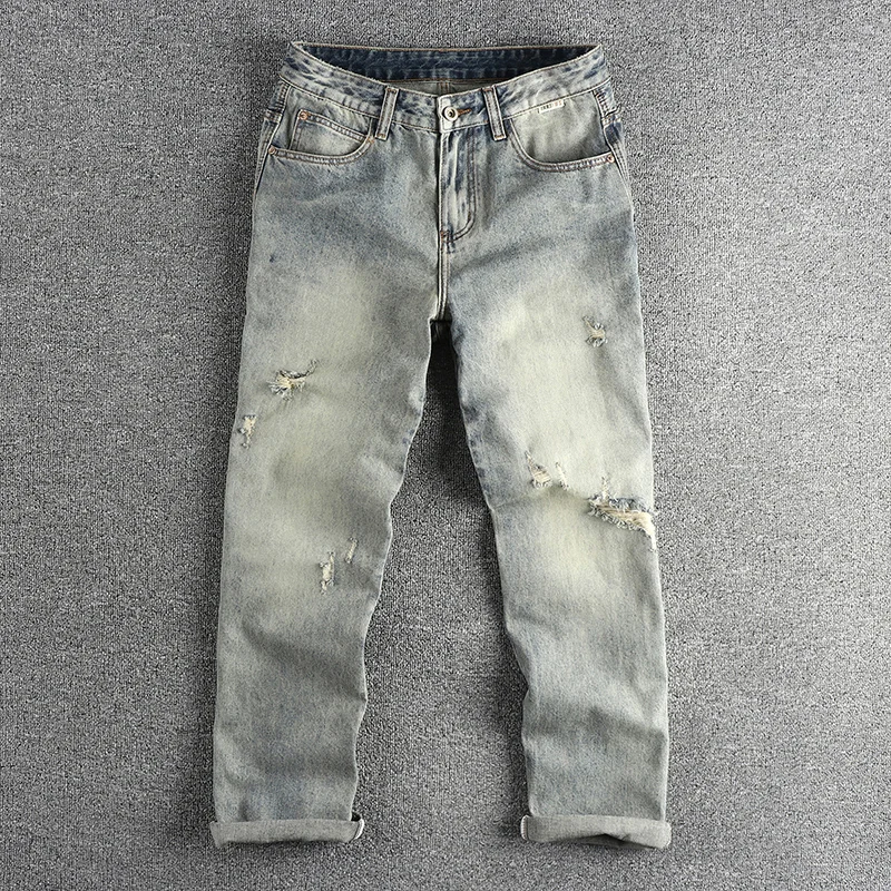 Summer Trendy Men's New Washed Retro Loose Straight Ripped Yellow Mud Jeans Long Pants