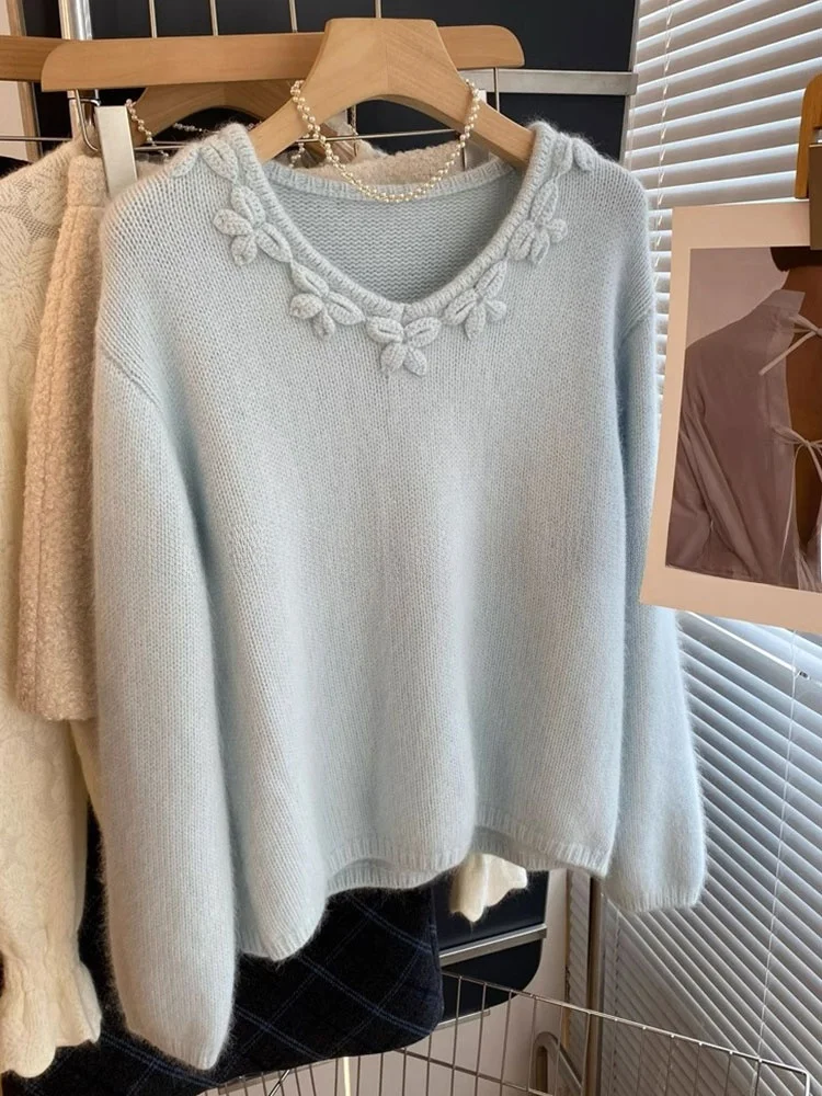 سترة محبوكة ناعمة ومريحة طويلة Sve V-Ne من Ele Lazy Sle، تصميم ثلاثي الأبعاد مثقوب، دفعة صغيرة فريدة من نوعها، حقيبة كورية... #2