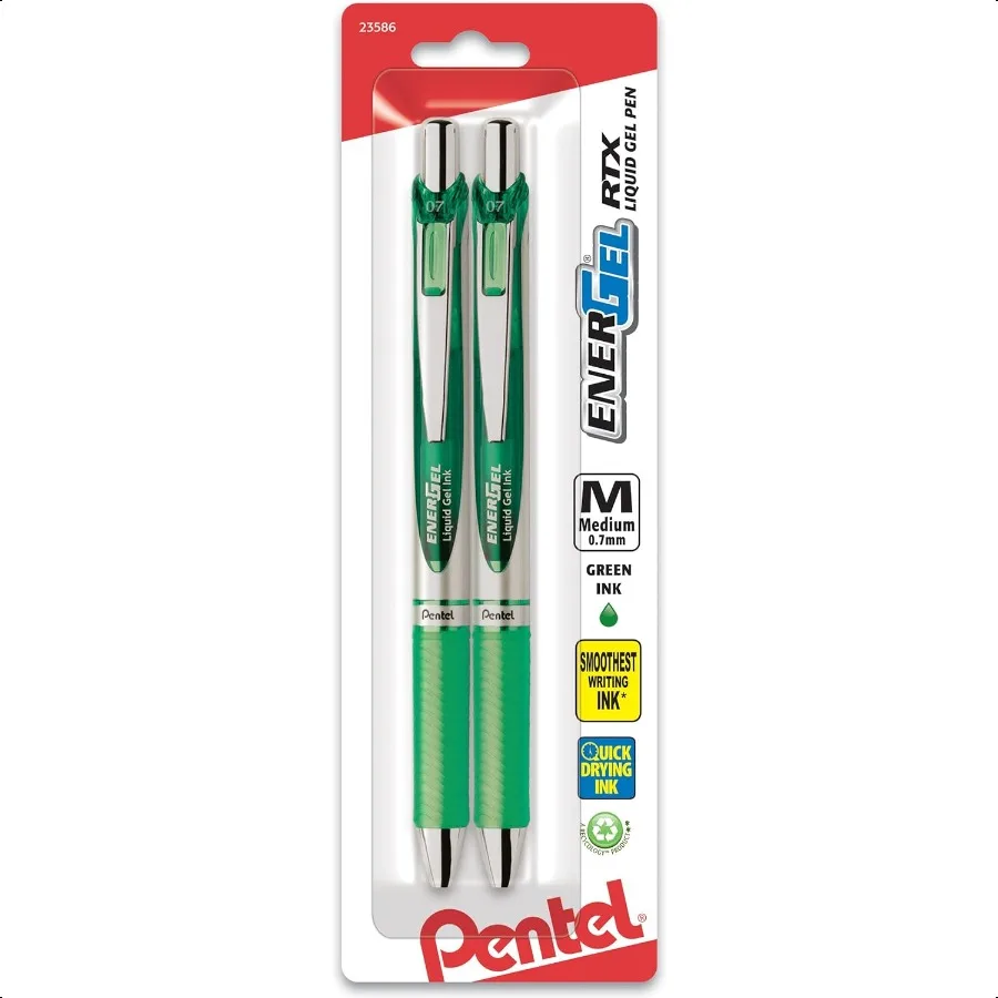 EnerGel RTX Retractable Liquid Gel Pen 0.7mm Medium Line Metal Tip Green Ink Pack of 2 (BL77BP2D)
