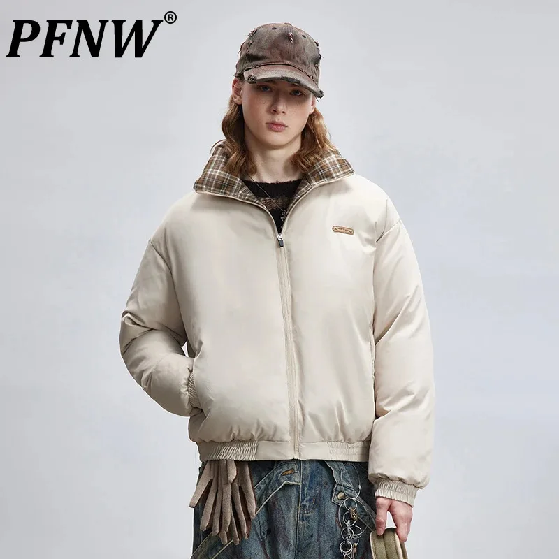 PFNW Men's New Winter Warm Cotton jacket American stand collar Trendy Grid design Splicing male padded new fashion 28W5180